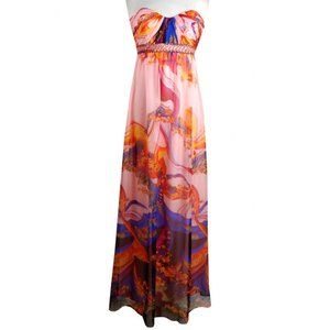 Morrell Maxie Strapless Pink Orange Purple Printed Prom Gown